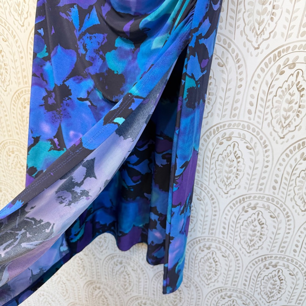 Lauren Ralph Lauren Sheath Dress Women 4 Blue Floral Ruched V-Neck Cap Sleeve - Picture 4 of 5